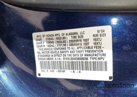 2005 Honda Odyssey Ex z USA, uszkodzony, nr VIN 5FNRL384X5B008056